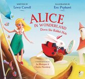 Boekomslag met Alice en het Witte Konijn. Geschreven door Lewis Carroll, geïllustreerd door Eric Puybaret. Titel: Alice in Wonderland Down the Rabbit Hole.
