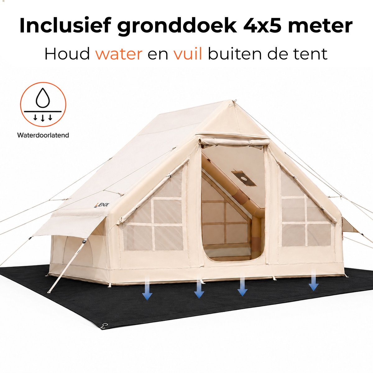 Lenx Opblaasbare Tent 2 tot 4 Personen - 300x210x200 cm - Air Tent - Glamping Tent - Waterdicht - Beige - Inclusief Grondzeil 4x5 m - 420d Oxford Stof – foto 8