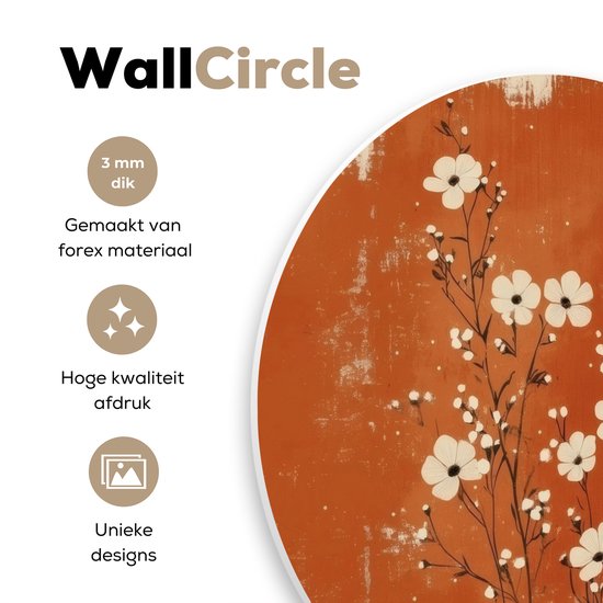 Œuvre d'art ronde avec des fleurs blanches sur fond rouille, avec le texte "WallCircle", "3 mm d'épaisseur", "Fabriqué en matériau forex", "Impression de haute qualité", "Designs uniques".