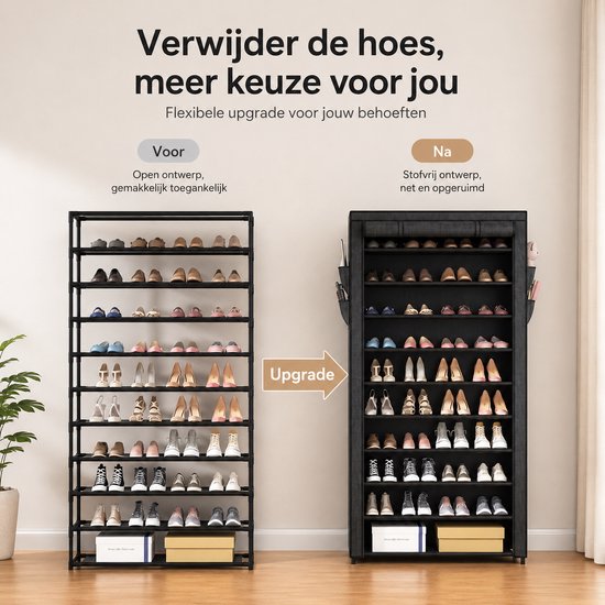 Vergelijking van een open schoenenrek met een gesloten schoenenrek met hoes.