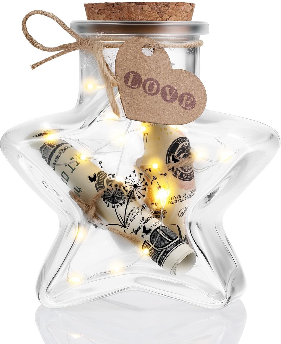Dailygoods - Magische drankfles voor verjaardagscadeau, stervormig glas met kurksluiting, glazen fles met touw en led-licht, glazen fles voor doe-het-zelfdecoratie, huwelijksgeschenken