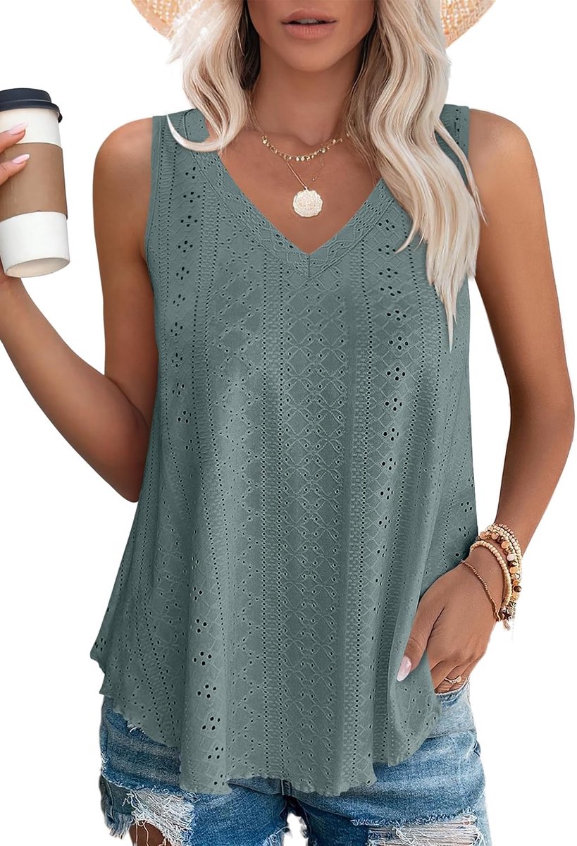 Tanktop voor dames, zomer, geperforeerd borduurwerk, V-hals, bovenstuk, mouwloos, casual tuniek