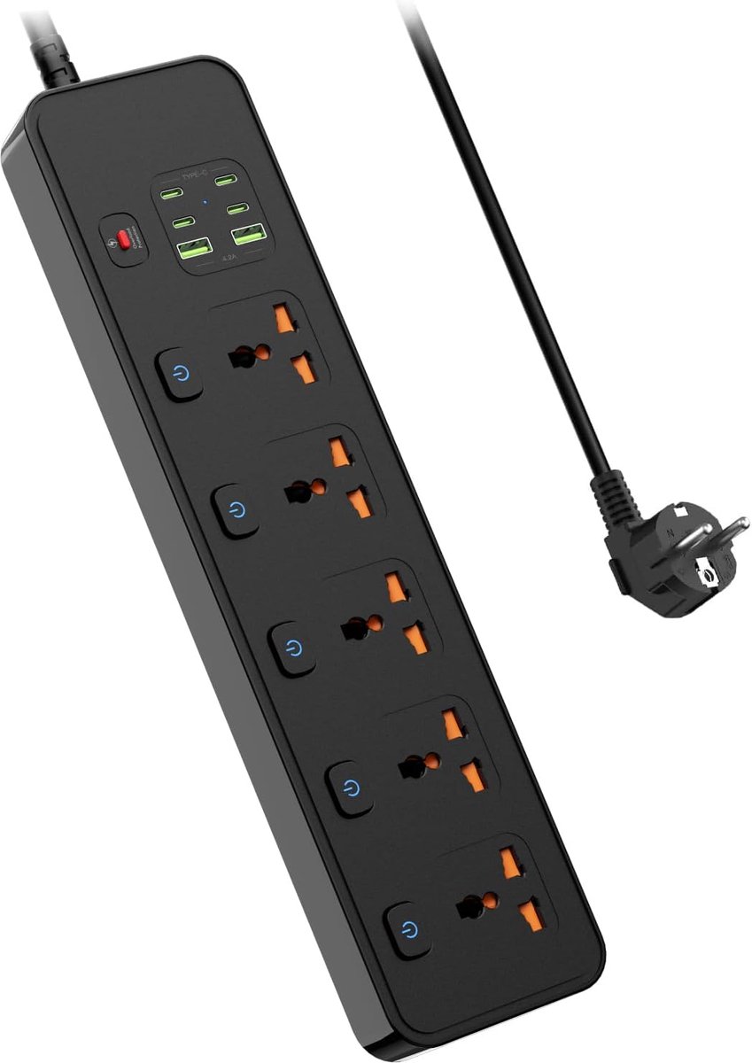 Stekkerdoos met USB, Meervoudig Stopcontact met Afzonderlijk Schakelbaar, Universeel Desktop Stekkerdoos met 5 Stopcontacten en 1,8 m Verlengkabel, Max. 3250 W, Overbelastingsbeveiliging