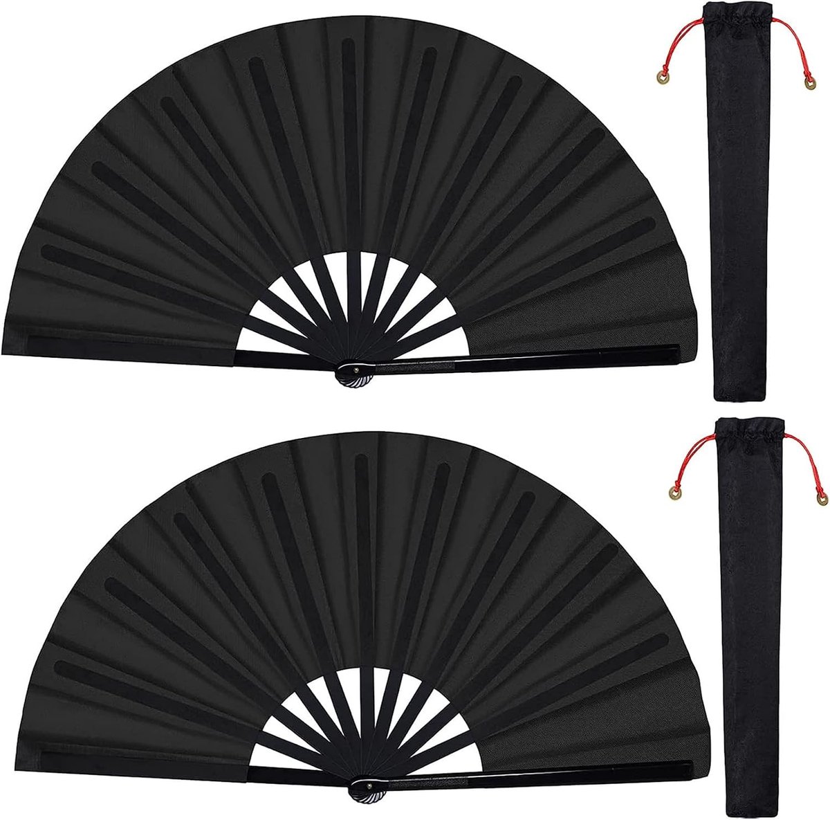 baotongle 2 stuks Grote Opvouwbare Zijde Handwaaiers, Chinese Tai Chi Opvouwbare Handwaaiers, Nylon Doek, Chinese Kung Fu Fan met Houder en Mouwen voor Prestaties, Dans, Decoraties, Festival (Zwart)