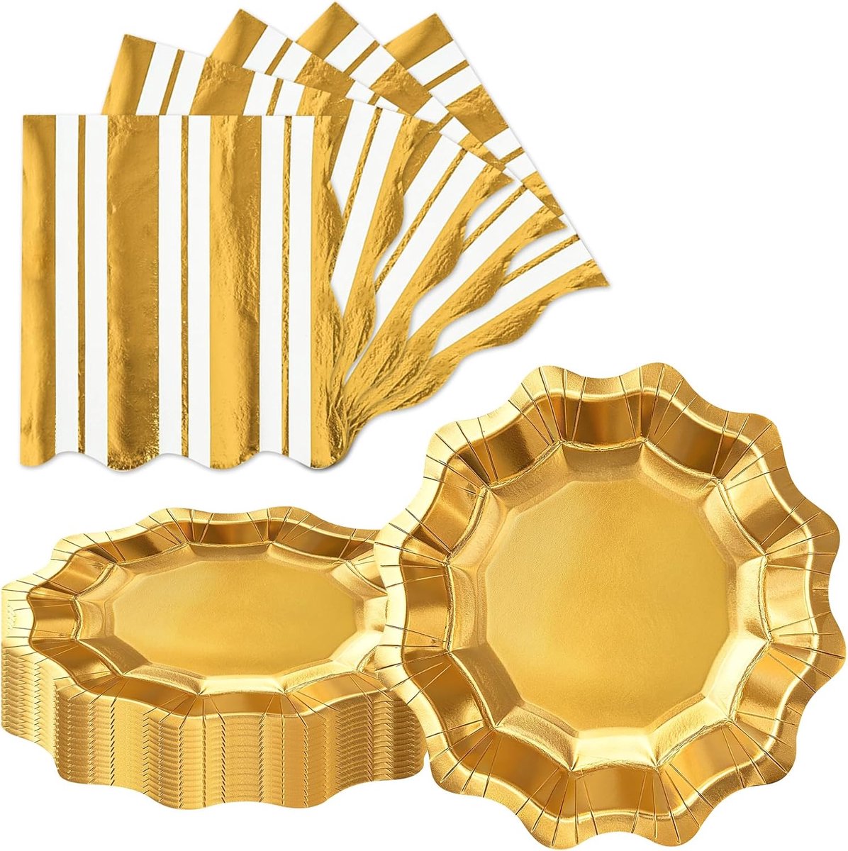 papieren borden en servetten set 17,8 cm (7 inch), 20 papieren borden + 20 gouden servetten, wegwerpservies goud, feestelijk servies voor verjaardag, bruiloft, tafeldecoratie