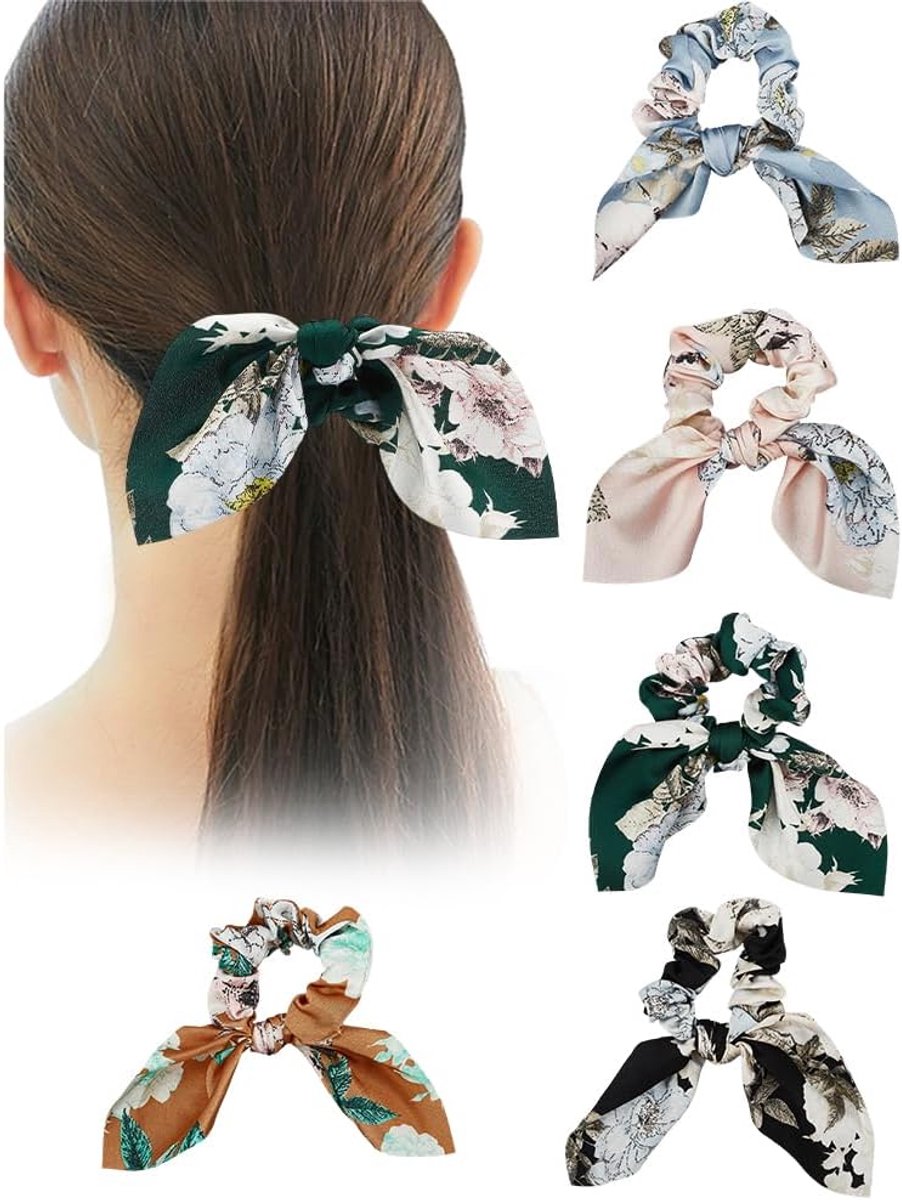 5 Stuks Strik Elastische Haarbanden Mode Print Haar Sjaal Scrunchies Dames Langdurige Vlechten Paardenstaart Houders Vintage Bloemen Zachte Elegante Strik Scrunchies voor Vrouwen