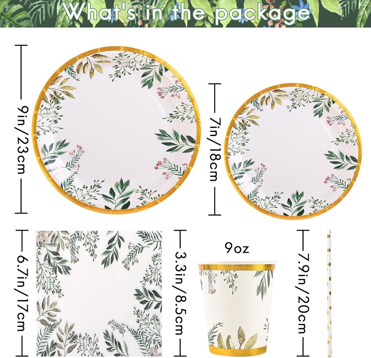 Groene papieren bordenset voor 25 gasten, 125 stuks saliegroen goud feestservies - 9 inch dinerborden, 7 inch zijplaten, wegwerpbekers, rietjes, servetten