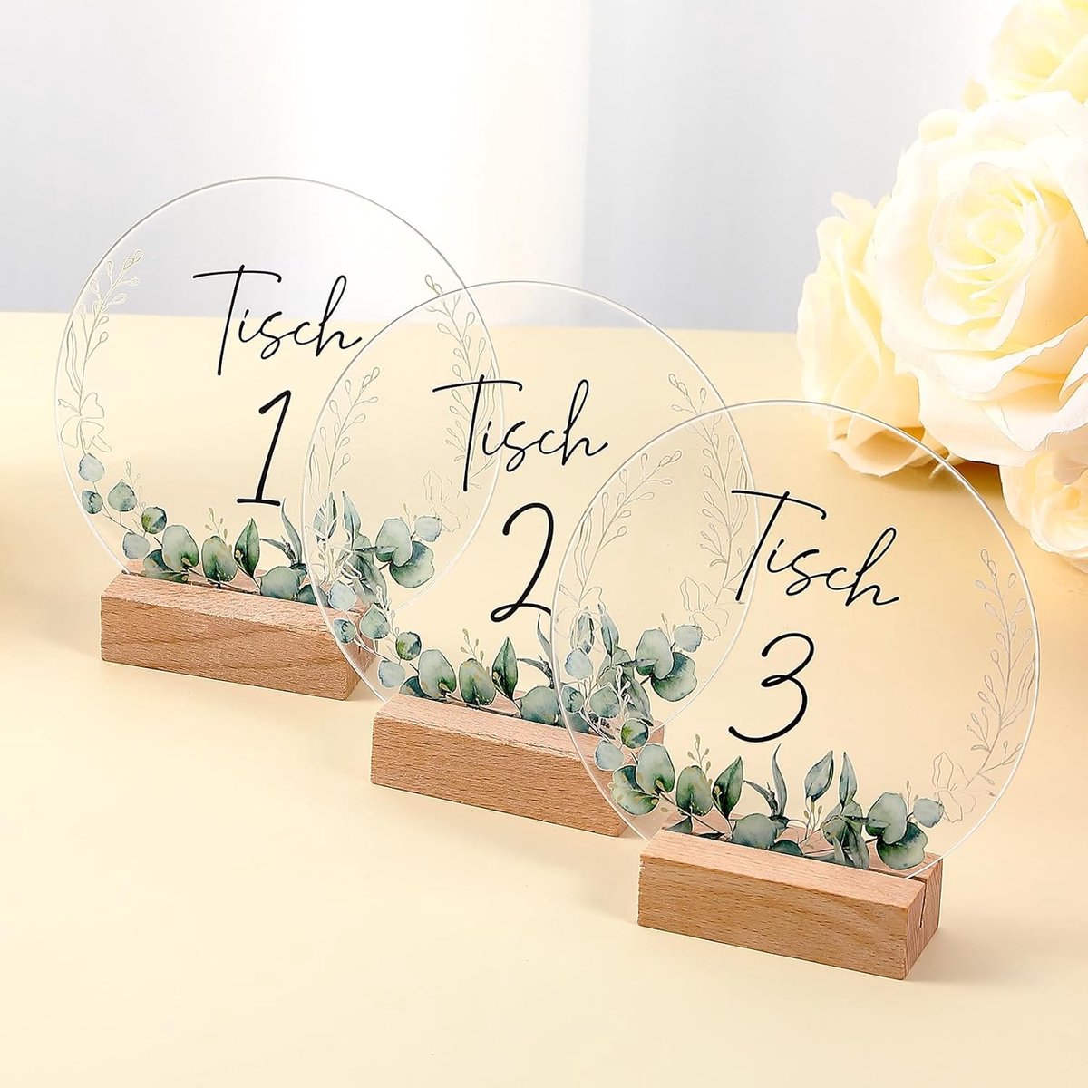 12 sets tafelnummers van acryl borden voor bruiloften, 1-12 tafelnummers van eucalyptus met standaard, tafelkaarten van acryl voor verjaardag, feest, doop, communie