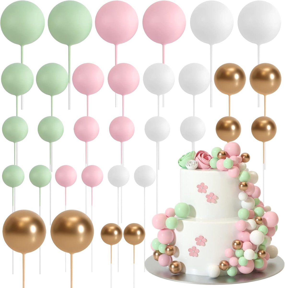 32 stuks bal-taarttoppers, decoraties, mini-ballonnen, taarttoppers, schuimballen, taartprikkers, caketoppers, taartdecoraties voor bruiloft, feest, verjaardagstaart, decoratie (roze groen)