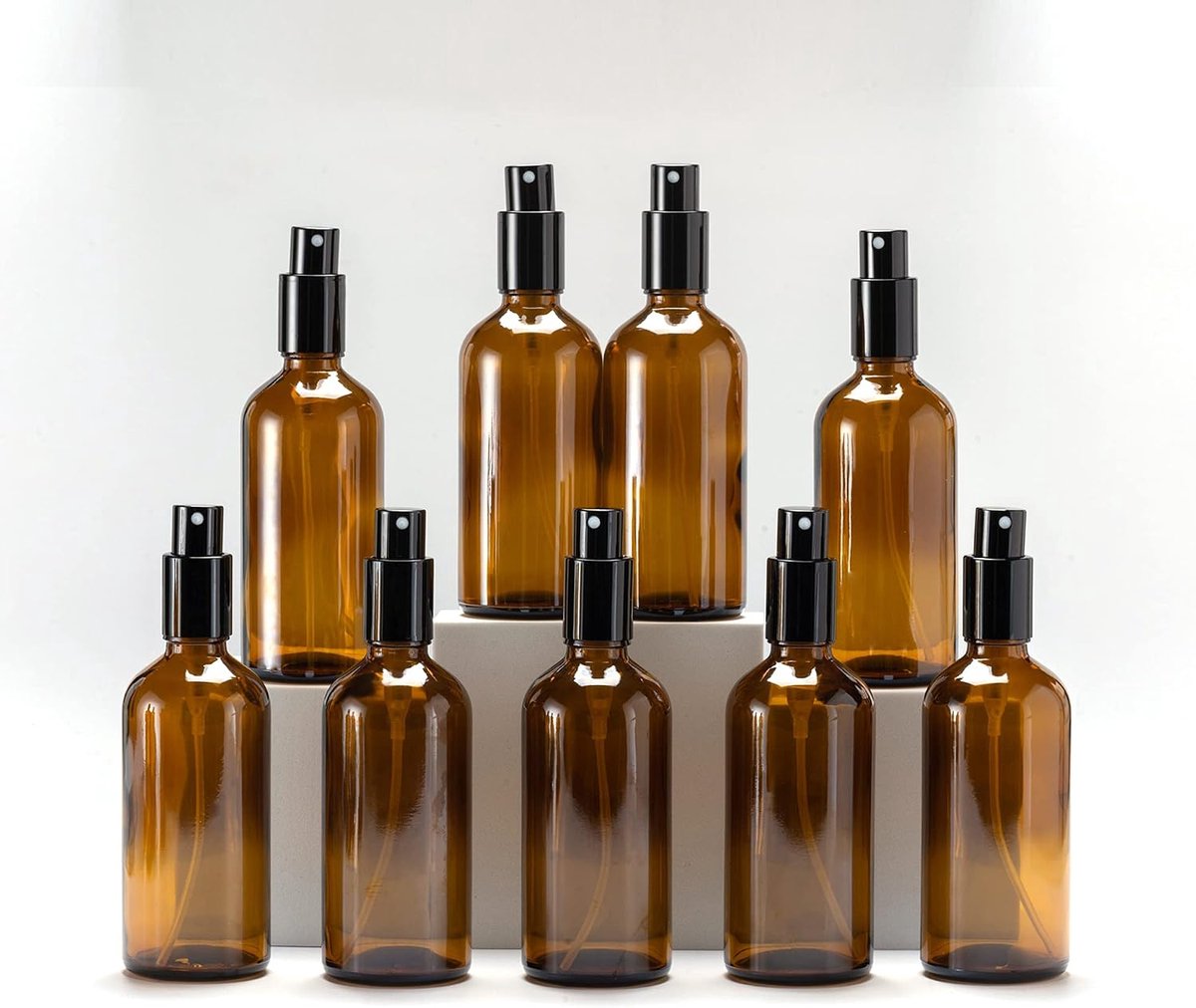 Amber Glass Spray Bottle 100ml, met Kleine Fijne Nevelspray, Metalen Dop, Navulbaar voor Essentiële Olie, Reizen, Schoonmaken, Parfum, Aromatherapie, Make-up - 9 Stuks