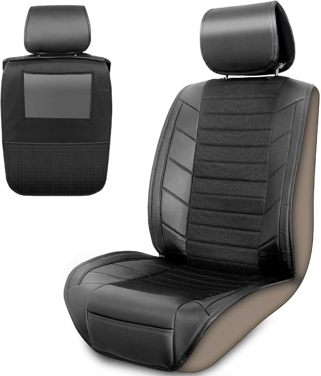 Autostoelbekleding voorstoelen leder look zwart - Autostoelhoezen voorzijde met organizer voor achterbank - Universele autostoelbekleding
