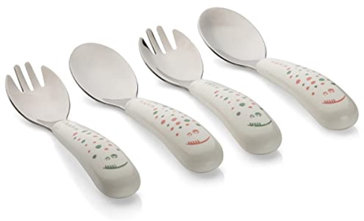 PromoHome Bestekset voor baby's 4-delig - 2 vorken en 2 lepels - vanaf 12 maanden - roestvrij staal - gebroken wit met patroon