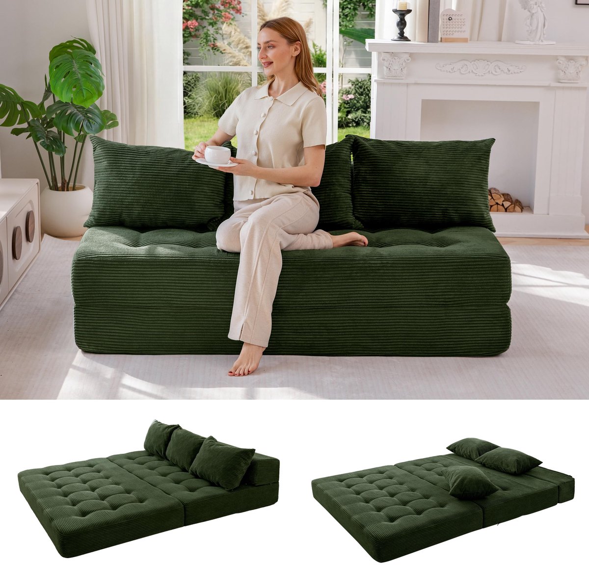 SnelShoppen - Modulaire Sectionale Bank, Converteerbare Bank Bed met Opklapbaar Bed en Kussen, Fluweel Vloerbank voor Woonkamer, Slaapkamer, Gastenkam