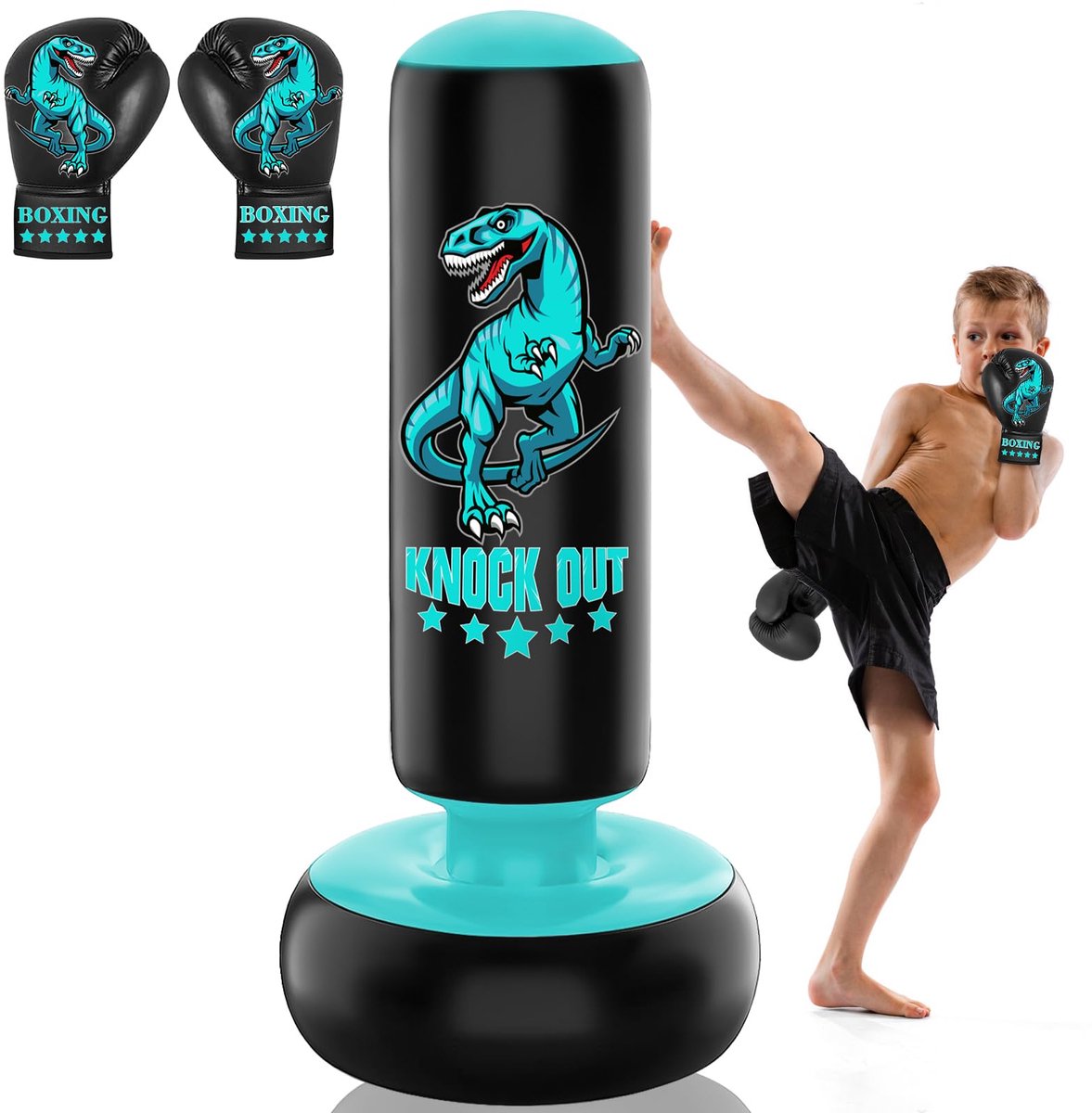 SnelShoppen - Bokszak voor Kinderen 160 cm - Vrijstaande Bokszakset met Bokshandschoenen - Ferocious Dinosaur Opblaasbare Kickbokszak voor Karate, Tae
