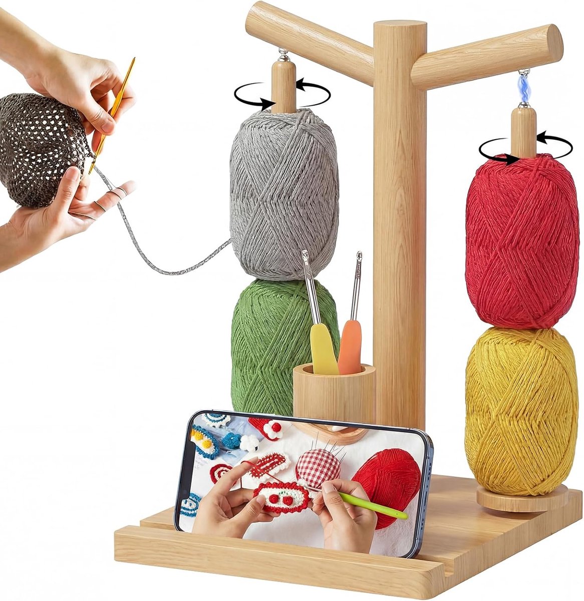 Garenhouder om te haken, garenrolhouder, magnetische wollen bolhouder van hout met breiaccessoires, garenhouder, wol om te haken en breiaccessoires, organizer, naturel