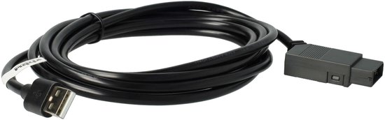 Zwarte kabel opgerold, met een USB-stekker en een grijze stekker met een afdekklepje.