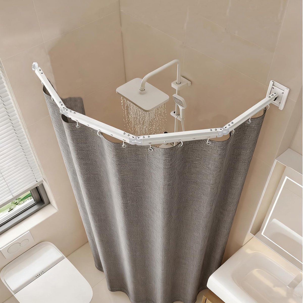 SnelShoppen - Opvouwbare Douchegordijnstang zonder Boren, 4-voudig Opvouwbaar en Draaibaar, Aluminiumlegering, 180 x 200 cm, Waterdicht, Schimmelweren