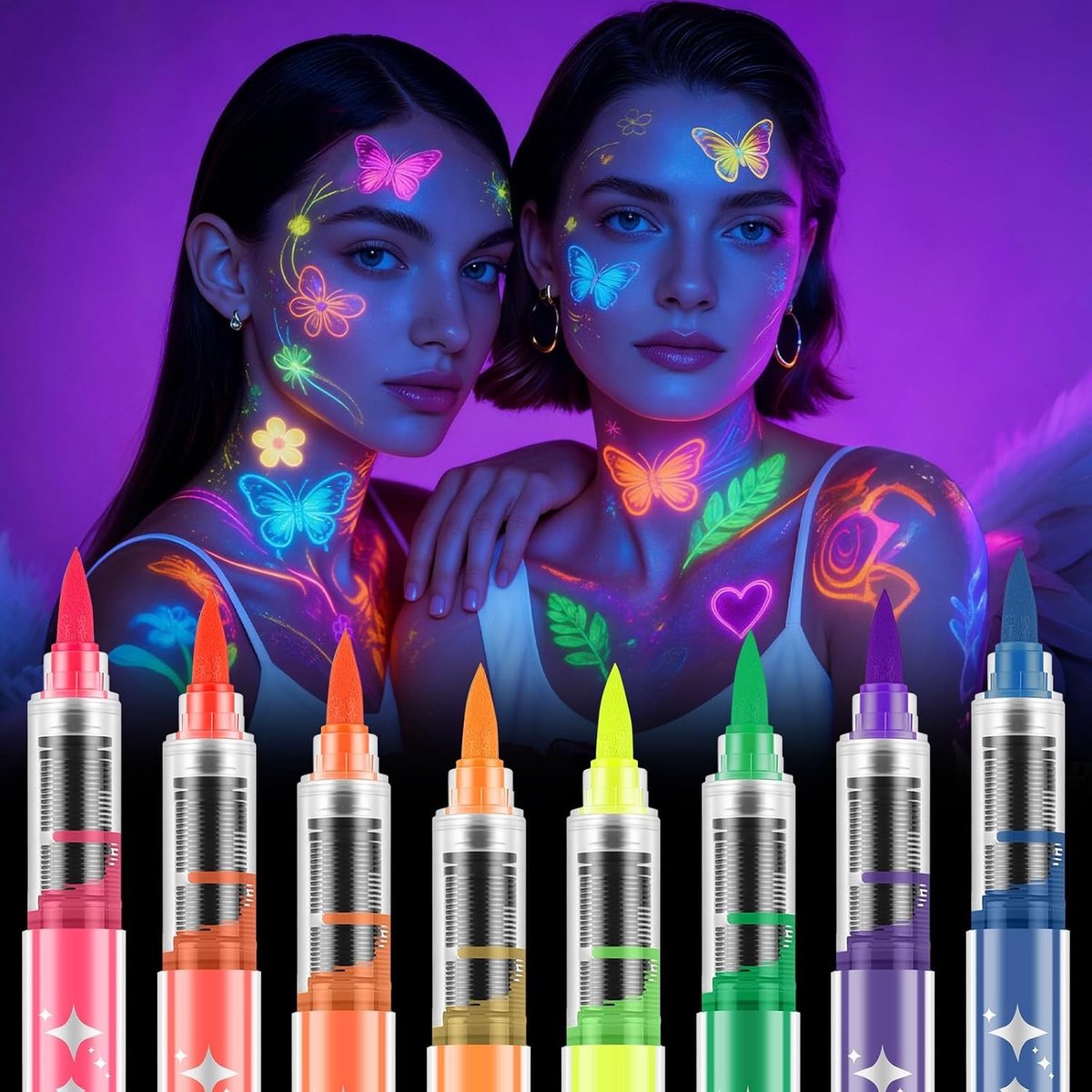 Glow in the Dark Gezichtsverf Stiften Set, 8 Kleuren UV Neon Schilderen, Perfect voor Halloween en Feestmake-up