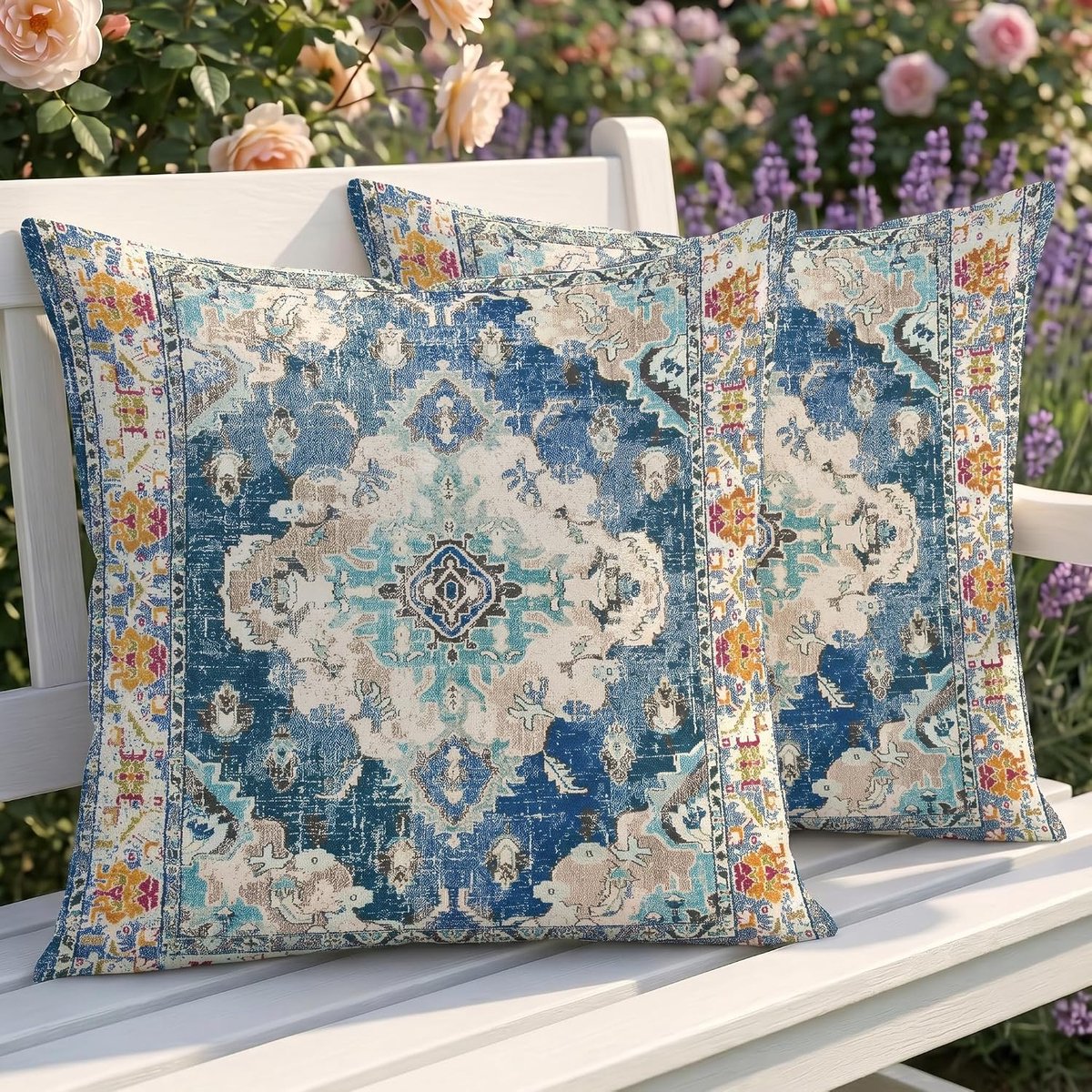 SnelShoppen - Weerbestendige outdoor kussenhoezen, set van 2 boho-sierkussens 45 x 45 cm, dubbelzijdig patroon blauw, vintage linnen bankkussen voor t