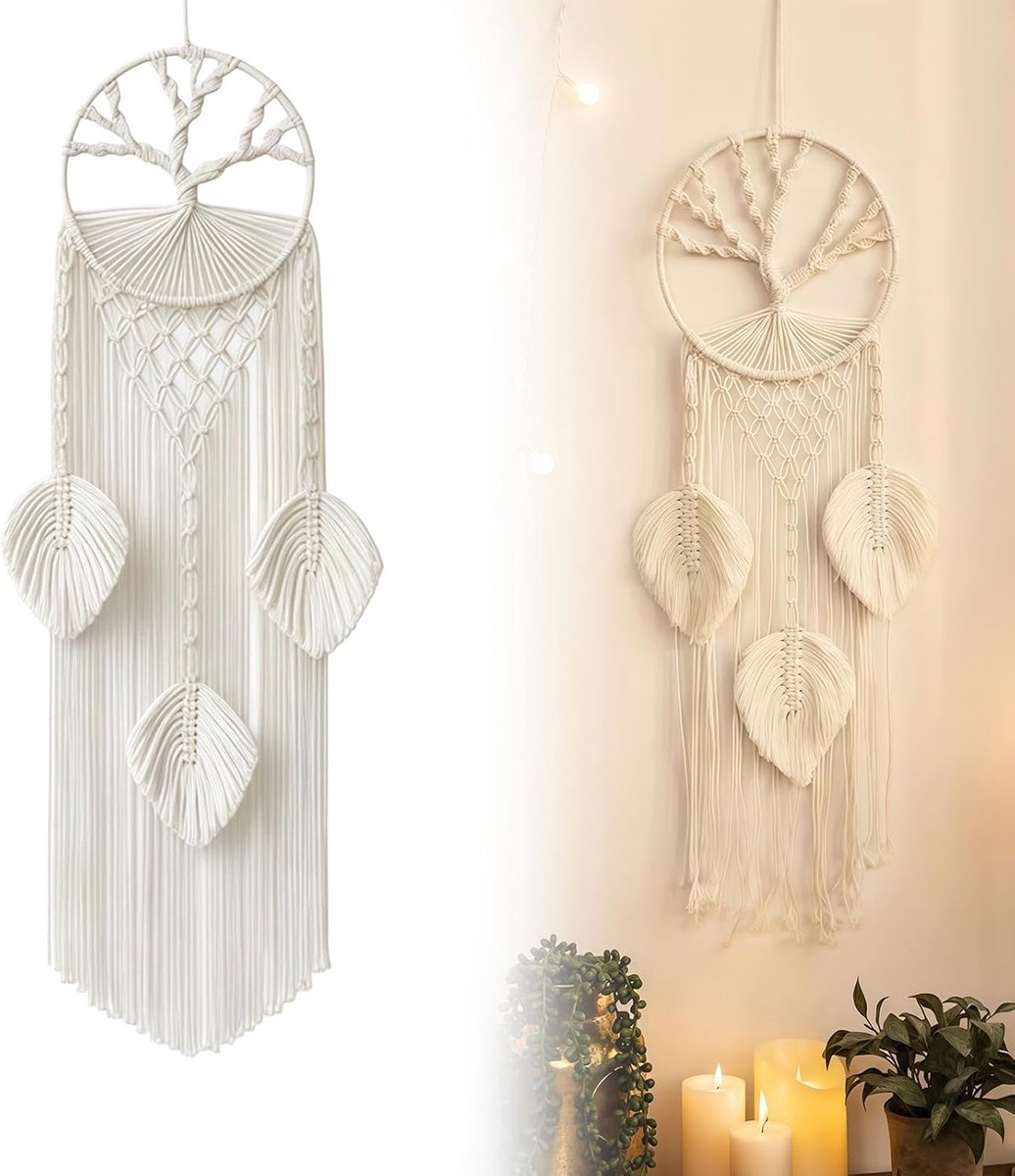 Macramé dromenvanger, boho, wanddecoratie, levensboom, groot, handgemaakt van katoen met veren, decoratie voor woonkamer en hal, beige, 20 x 80 cm