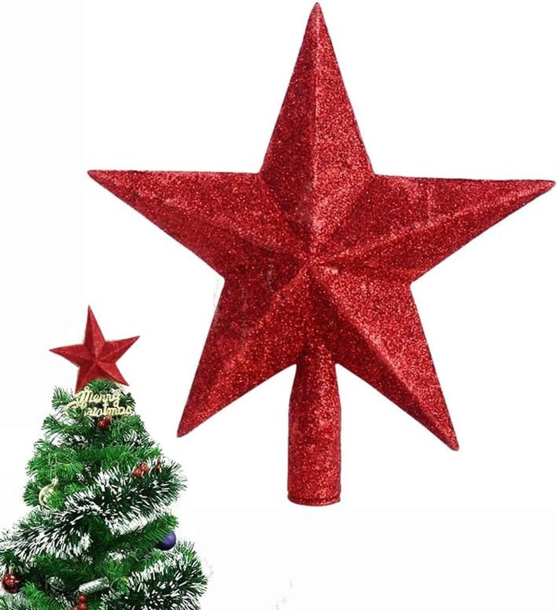 Kerstboomtop met rode glitter, kerstboomtop in stervorm. De kerstboomversiering kerstboomster - kerstboomversiering van kunststof. Kerstboomtop voor kerstdecoratie