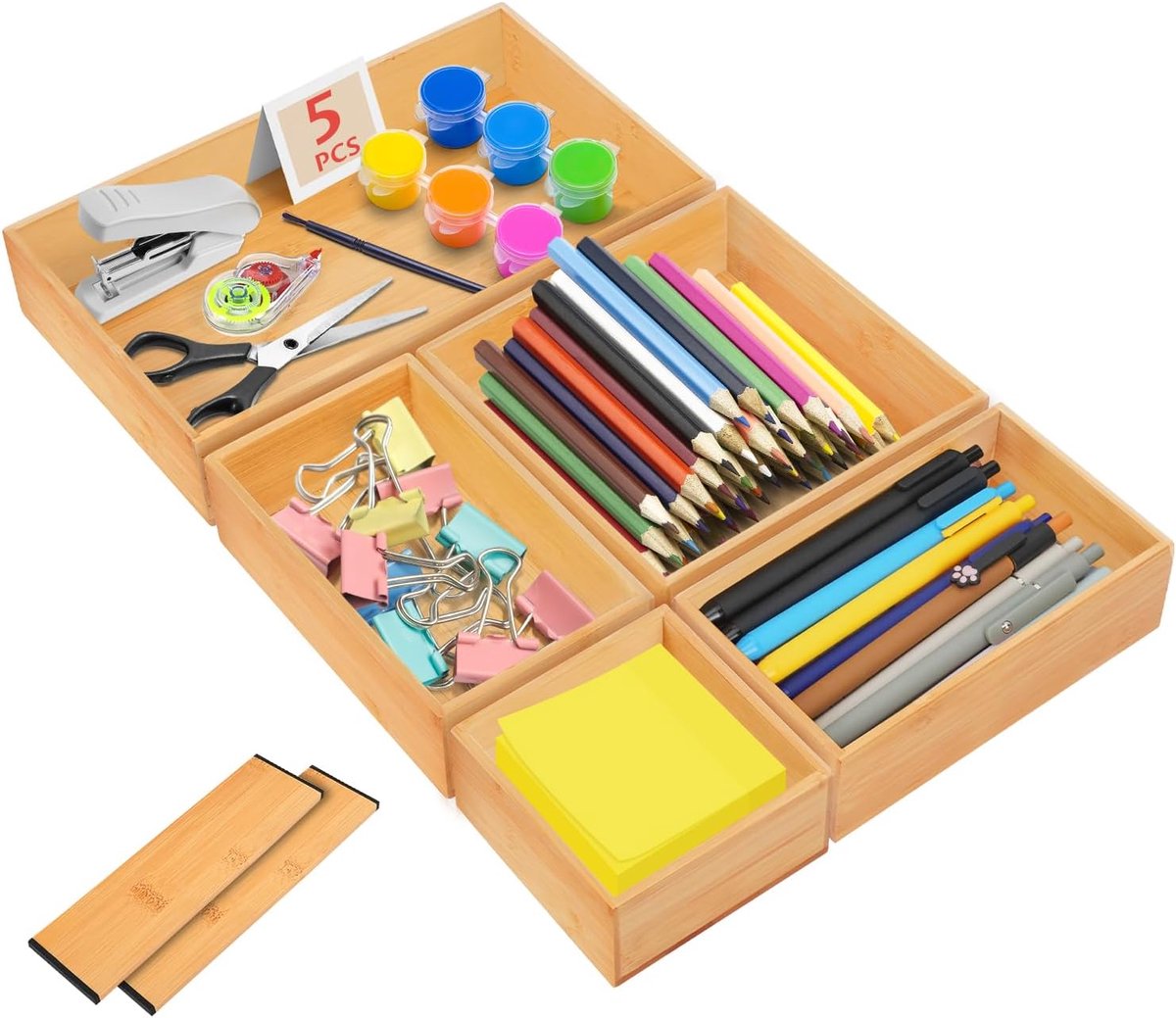 5-delige lade-organizer, 5 cm hoog, bamboe make-uptafel, make-up-organizer, box, meerdere maten, bestekdoos, opbergdoos, sorteerdoos voor kantoor, keuken, badkamer (natuurlijk hout)