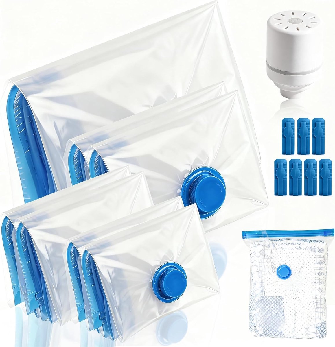 Vacuümzakkenset met elektrische luchtpomp, 7 stuks vacuümzakken voor op reis, (1 Jumbo/2 Large/2 Medium/2 Small), voor Kleding Reizen Bewegende Dekens Kussens Opslag en Organisatie