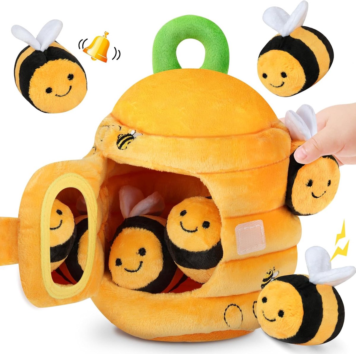 Babyspeelgoed 6-12 maanden, zacht babybijenkorfspeelgoed met 5 sensorische bijen, Montessori-speelgoed - rammelaar, kreukelpapier, pieper, spiegel, verjaardag/Pasen voor baby's