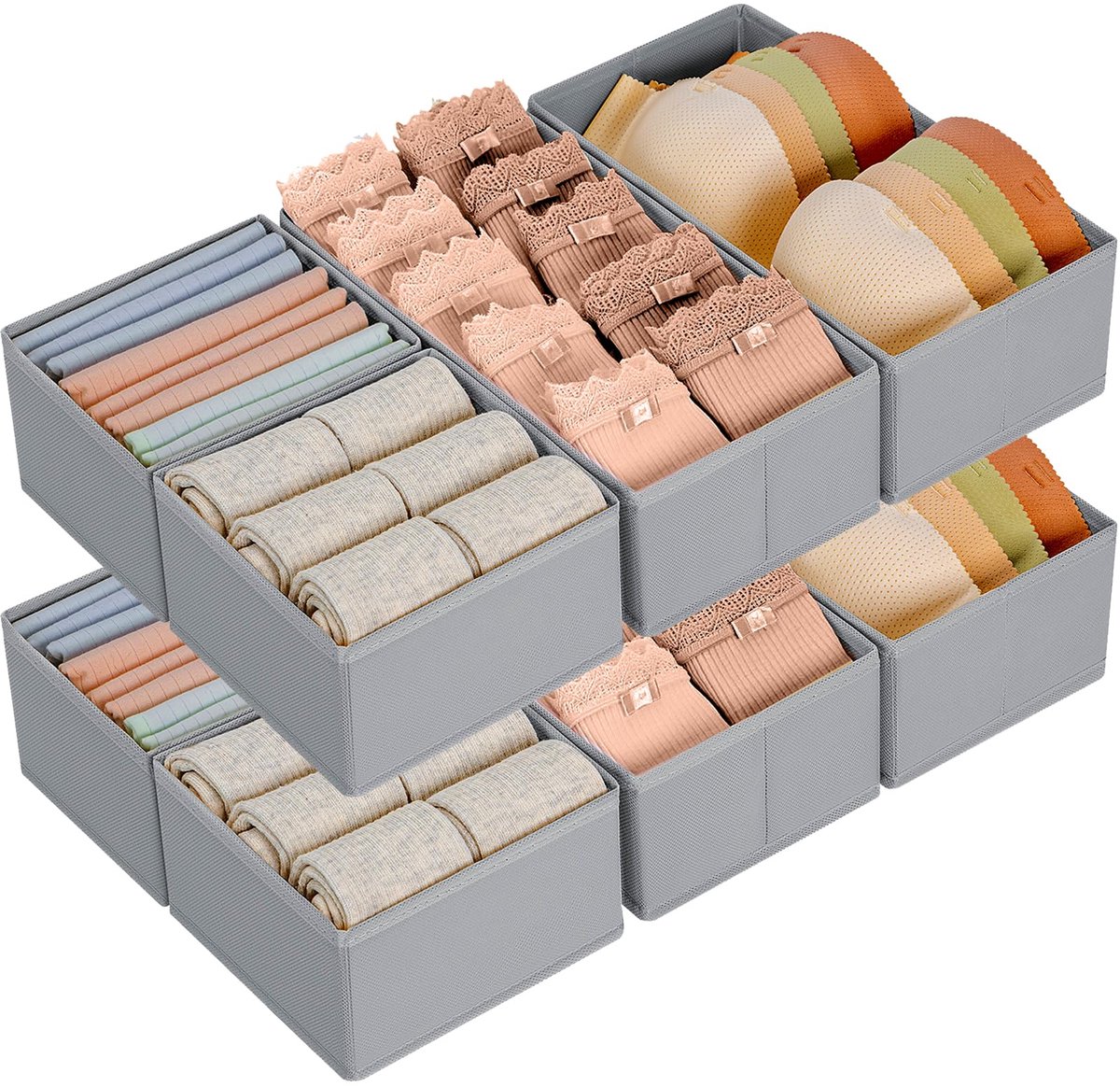 Lade-organizer, opvouwbare kledingkast, organizer, lades organisatiesysteem, 8 stuks, stof van ondergoed, sokken, stropdassen, kledingkast, grijs
