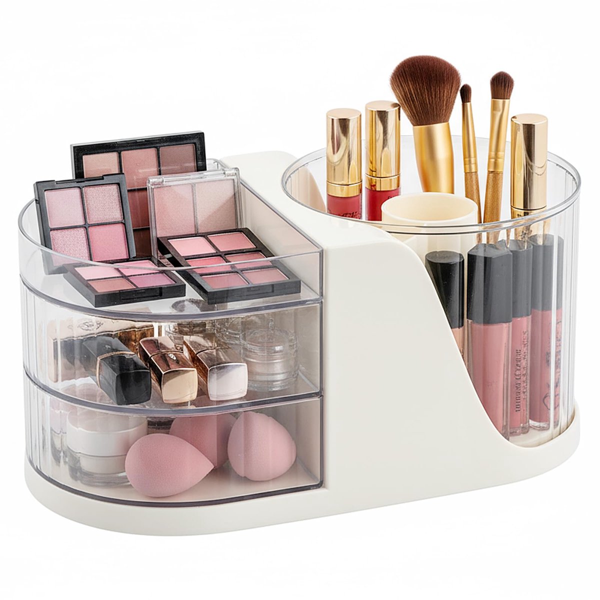 Make-uporganizer met 360° draaibare make-upborstelhouder, make-up-organizer met 2 laden, make-up-organizer voor cosmetica, wit, make-up-organizer voor ijdelheid, slaapkamer, badkamer