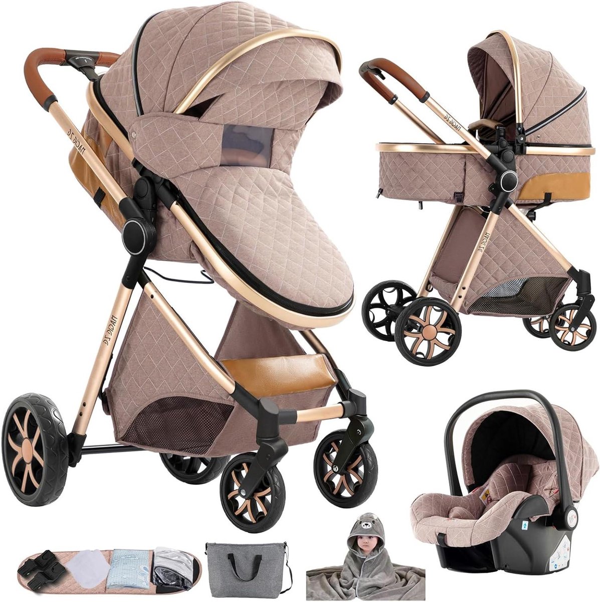 3-in-1 Kinderwagen - Combi kinderwagen Babykuip - Baby Vervoeren - Omkeerbare Dubbele Schuifmodus - 83 x 62 x 106 cm
