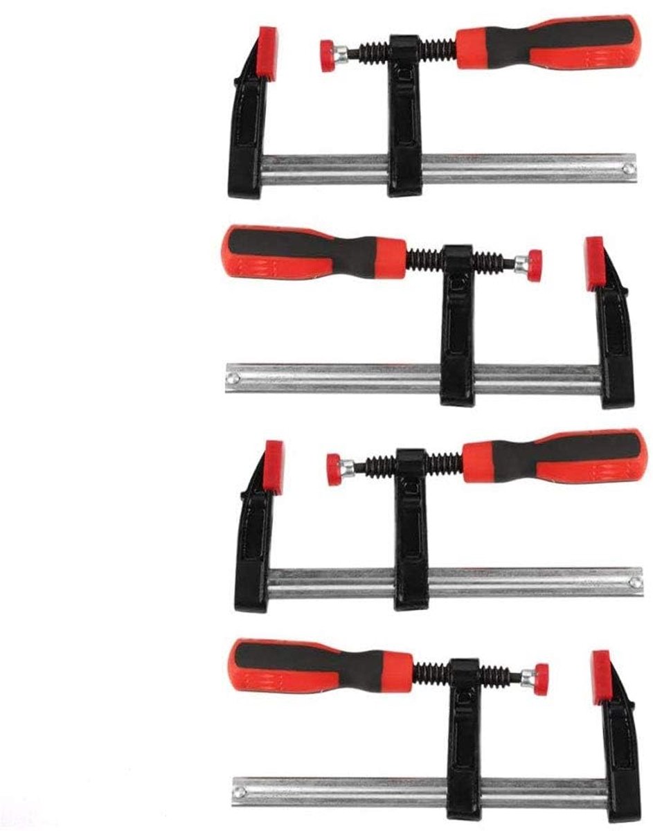 Schroefklemmen in een set, F-klem, getemperd gietijzer, spanner, houtbewerking, stalen handgereedschap, 4 stuks, met klemvlakbescherming, 50x300mm