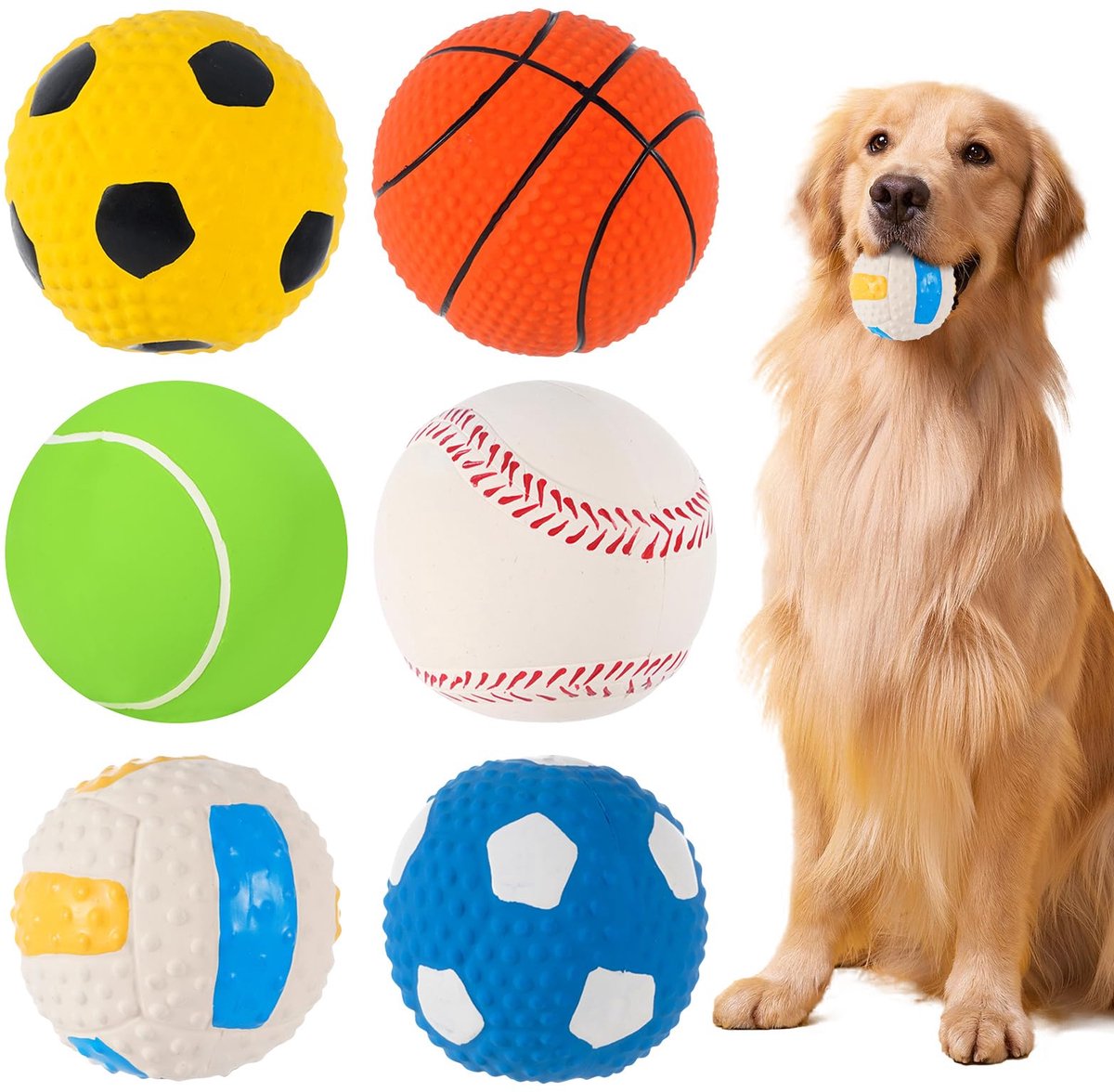 Hondenballen, 6 stuks, piepend hondenspeelgoed, piepbal voor honden, zachte latex springballen, onverwoestbaar, voor grote, middelgrote en kleine honden (sportbal)