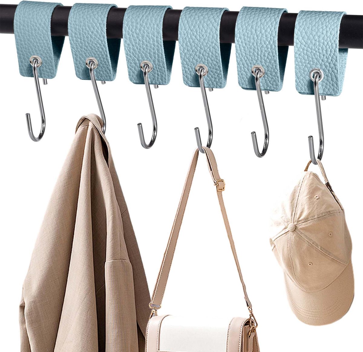 Haken met leren lus, haken voor kledingstang, haken, garderobe, kledinghaken, roestvrij staal, voor garderobe, keuken, badkamer, camping (lichtblauw)