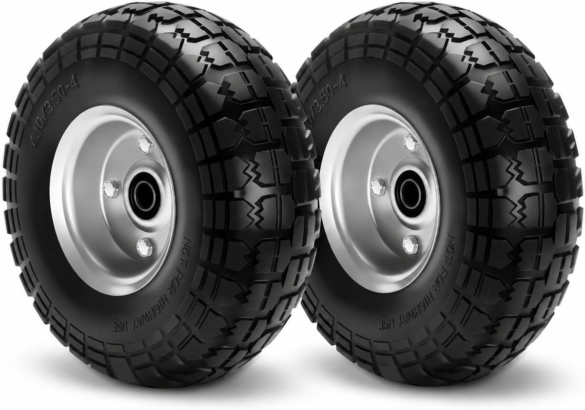 4.10/3.50-4 massief rubberen bandenwielen, 25,5 cm band en wiel plat vrij, vervangend wiel voor tuinwagens/popje/trolley/kiepwagen/steekwagen/kruiwagen/tuinwagen (20 mm as (2 stuks)