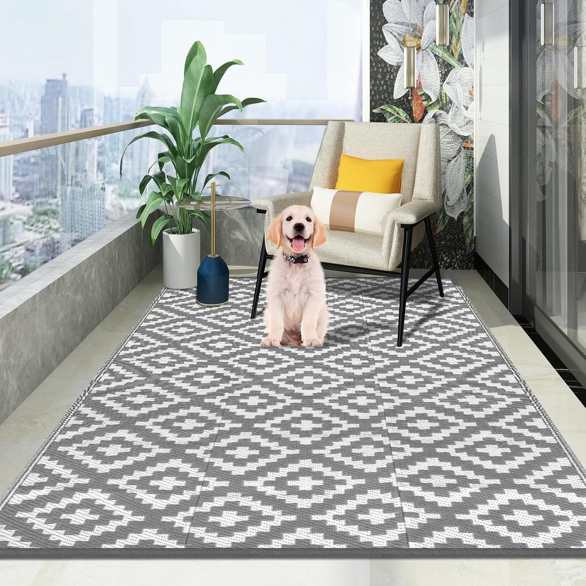 Tapijt Weerbestendig, Terrastapijt Buiten Weerbestendig met Vierkant Patroon 120x180 CM, Balkon Tapijt Waterbestendig, Aan Beide Zijdes Gebruikbaar, UV-Bestendig, Opvouwbaar en Wasbaar