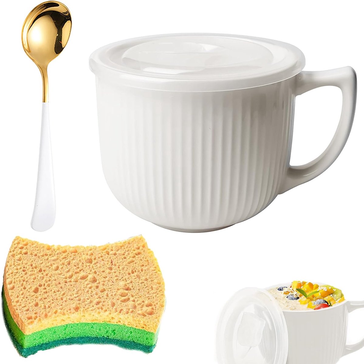 koffie met deksel, 900 ml, soepkopjes met handvat, keramische kommen met deksel, grote soepbeker van 900 ml, met lepel en sponsborstel, voor soepcontainers, wit