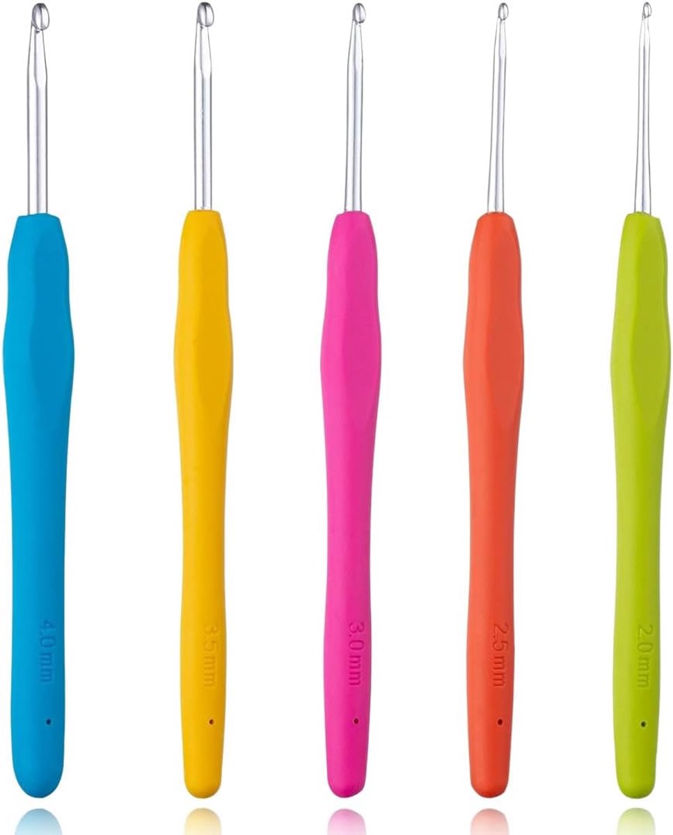 Haaknaalden, 2,0 mm, 2,5 mm, 3,0 mm, 3,5 mm, 4,0 mm, haaknaaldenset, met ergonomische handgreep, voor het breien van sjaals, handschoenen, tassen, mutsen, sokken