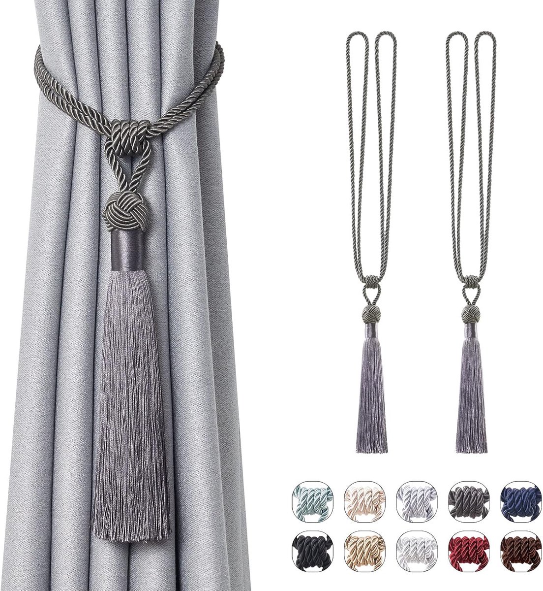 Jolly 2 Pack Handgemaakte Gordijn Tiebacks Touw Kwastje Tie-Backs Holdbacks voor Office Thuis Decoratieve Drapery Tiebacks (Donkergrijs)