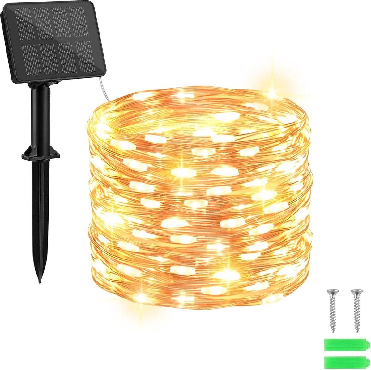 Zonne-feestlichten voor buiten 10 m 100 LED koperen draad 8 modi timer IP65 weerbestendig voor tuin, kerstboom, slaapkamer, balkon, poort binnen/buiten decoraties (warm wit)