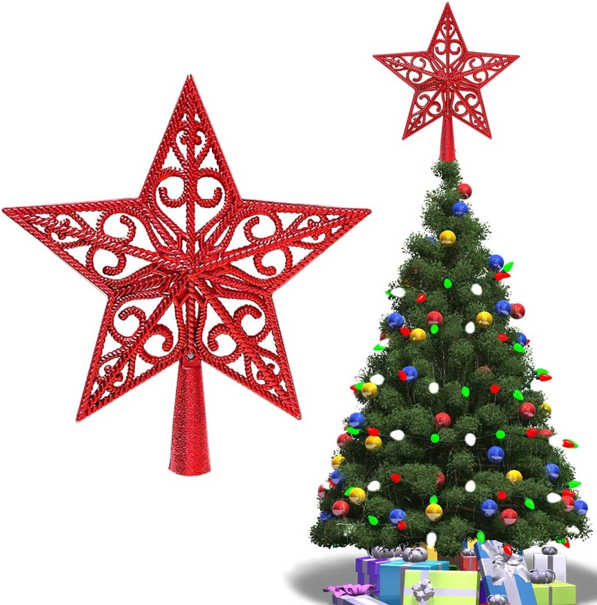 Kerstboompiek van kunststof, kerstboompiek, ster, ster kerstboompiek, kerstboompiek, voor Kerstmis, feest, thuis, 20 cm, rood