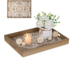 dienblad met handgrepen - Hanobe bloemen houten salontafel trays voor Ottomaanse middelpunt decor rechthoekig rustiek boho hout voor woonkamer toonbank, bruin