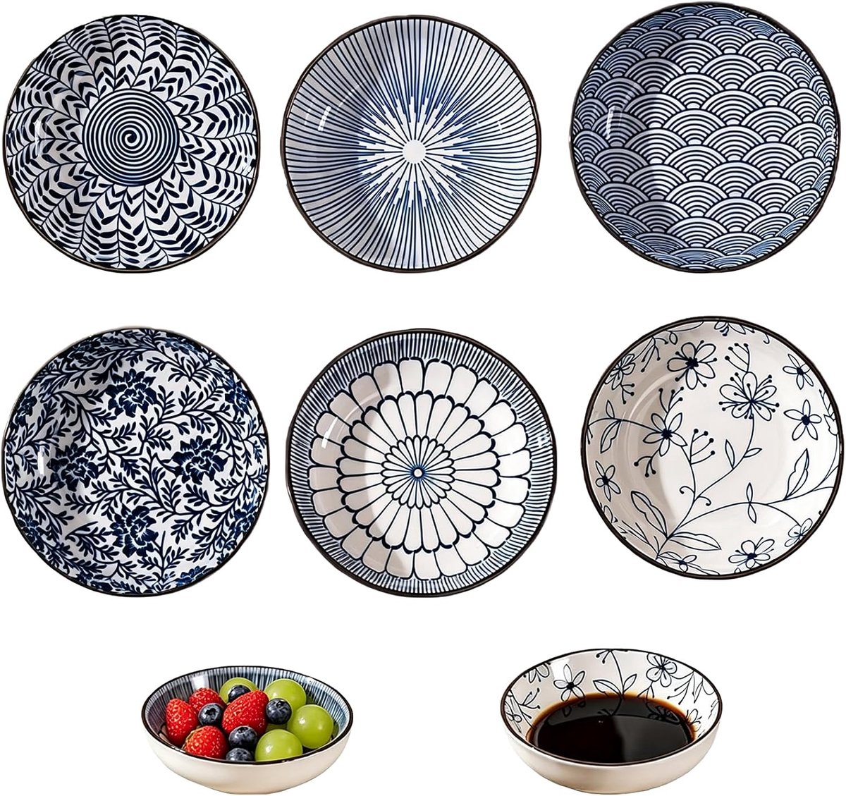 6 stuks porseleinen dipschalen, 9,5 cm snackschaal, dipschaal, dipschaal, kleine kommen set voor sauzen, specerijen, fruit, sushi en dessert (blauw-wit)