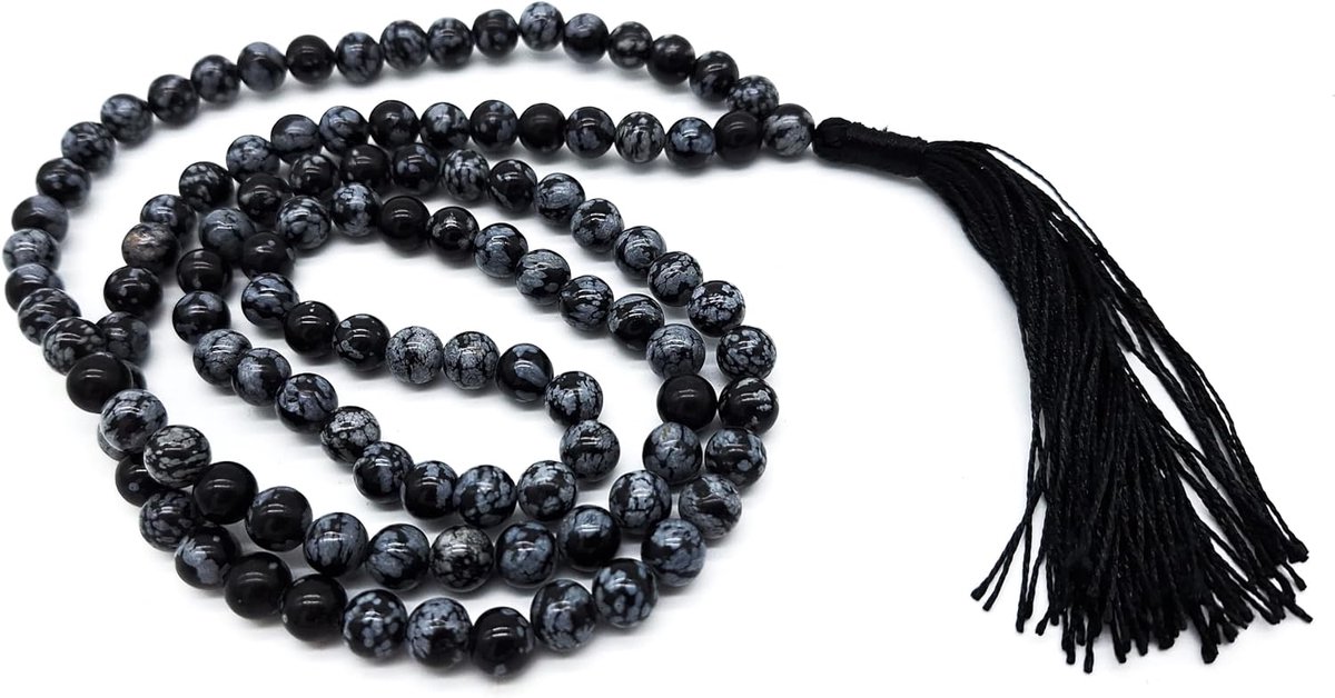 edelsteen sneeuwvlokken obsidiaan 108 Japa Mala halsketting (parels 8 mm) in sieradendoosje | meditatie spiritualiteit genezing yoga India