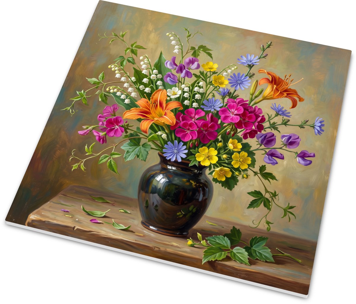 Wanddecoratie Tegeltje Daglelies en Geraniums Wild Boeket Vrolijk Zomers Stilleven Schilde