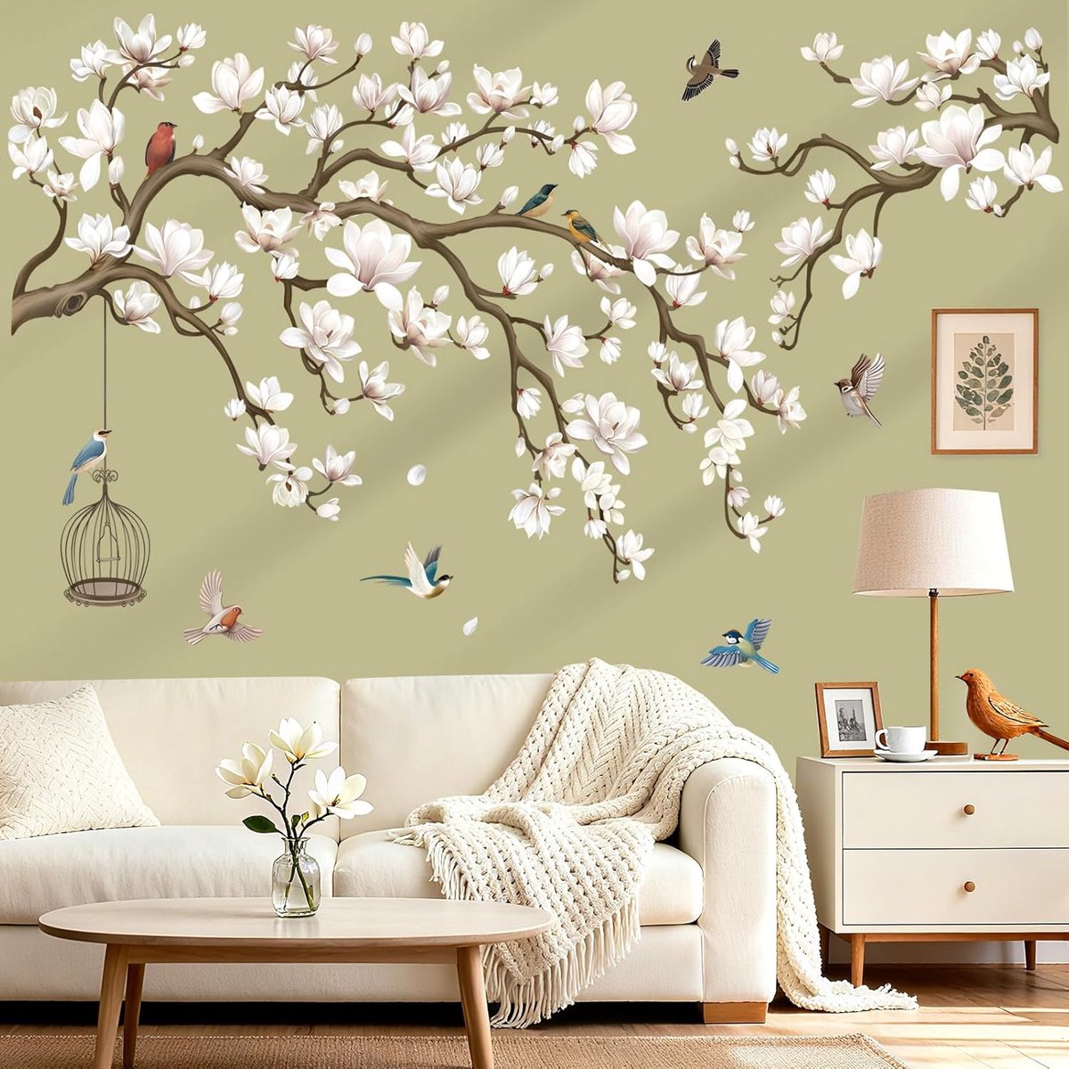 SnelShoppen - Muursticker Magnolia Bloemen Wit met Vogels op Boom Tak - Wanddecoratie voor Woonkamer en Slaapkamer - Makkelijk aan te brengen - 70x50
