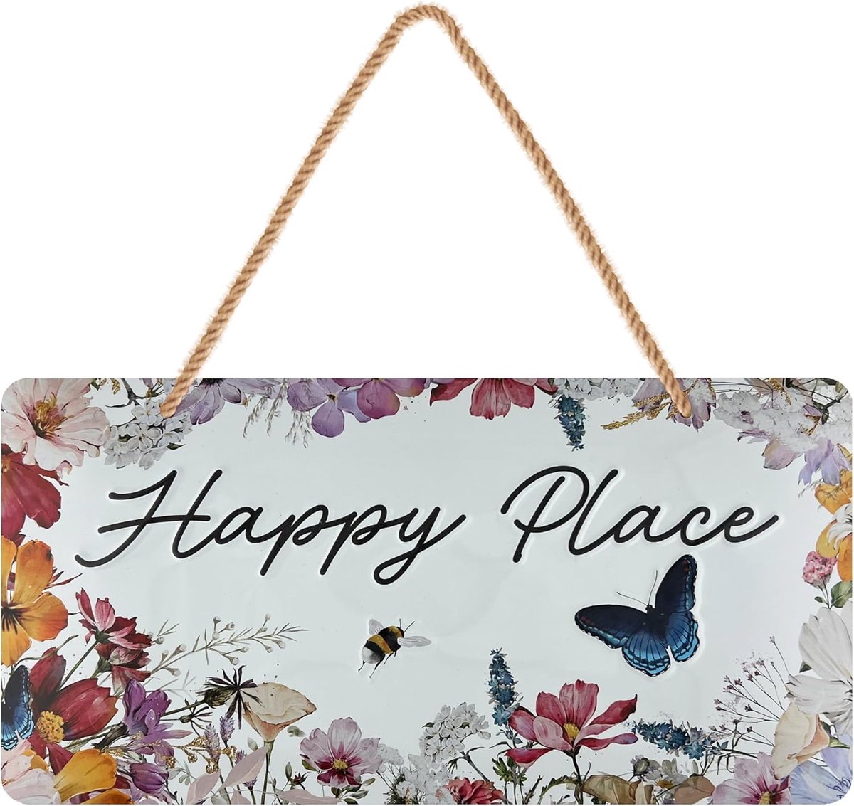 Retro metalen bord, Happy Place bord voor tuin balkons, weerbestendig tuinbord, metaal met spreuk, welkomstbordje, decoratie, koordhanger, 16 x 32 cm