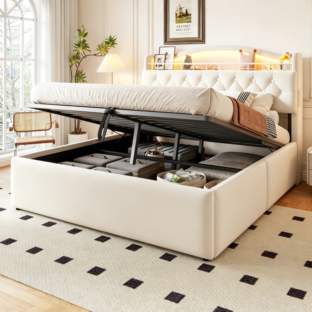 Tweepersoonsbed 140x200 cm - Gestoffeerd bed - Opbergbed - Multifunctioneel bed - Met LED-
