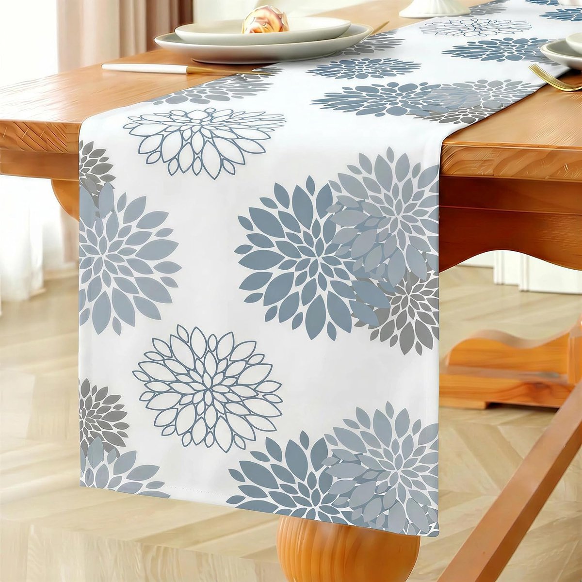 Tafelloper Bloemen Lichtblauw Dahlia's Tafelloper Modern Waterafstotend Linnen, Decoratie Tafelkleed Outdoor Zomer Tuin voor Bruiloft Eetkamer Feest Vakantie Decor 40 x 140 cm