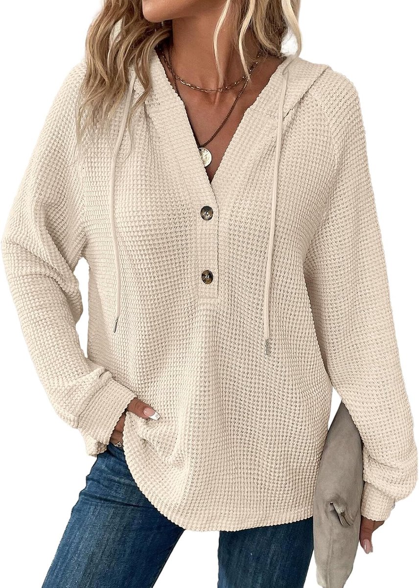 Dames capuchonpullover knoopsluiting V-hals hoodie pullover lange mouwen casual sweatshirt bovendeel tops S-XXL